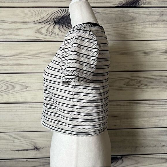 Forever 21 Black & White Striped Mesh Short Sleeve Crop Top - Picture 4 of 6